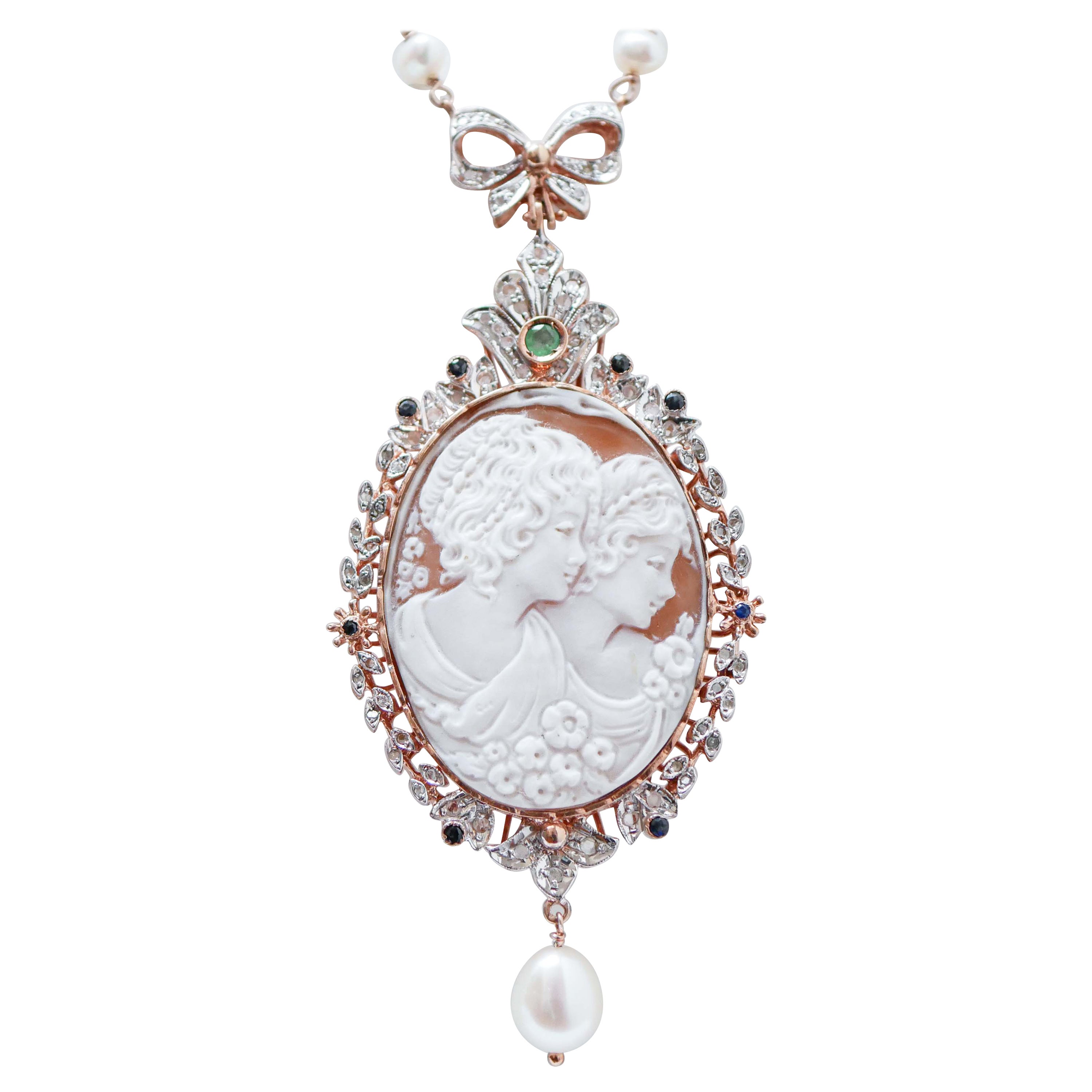 Cameo, Emerald, Sapphires, Diamonds, Pearls, Gold and Silver Pendant Necklace For Sale