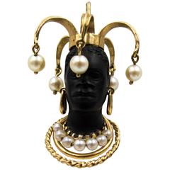 Vintage  Unusual Pearl Gold Court Jester Moor's Head Pendant