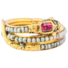 Victorian Era Mourning Serpent Gold Ring Featuring Ruby and Seed Pearls