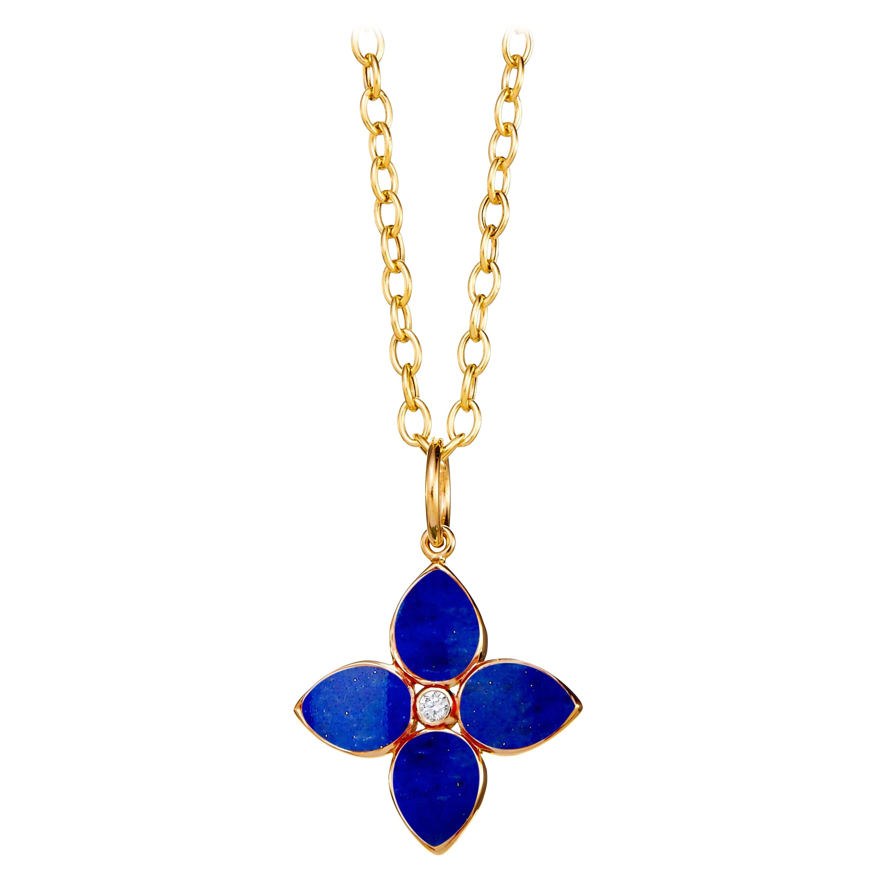 Syna Yellow Gold Lapis Lazuli Flower Pendant with Diamond For Sale