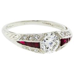 Art Deco Circa 1920 Diamond Ruby Platinum Ring