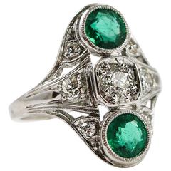 1920s Art Deco  Diamond Emerald Elongated Platinum Dinner Ring