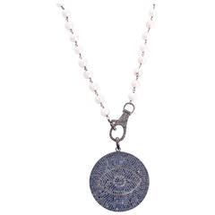 Stunning Freshwater Pearl, Diamond, and Blue Sapphire Evil Eye Disc Necklace