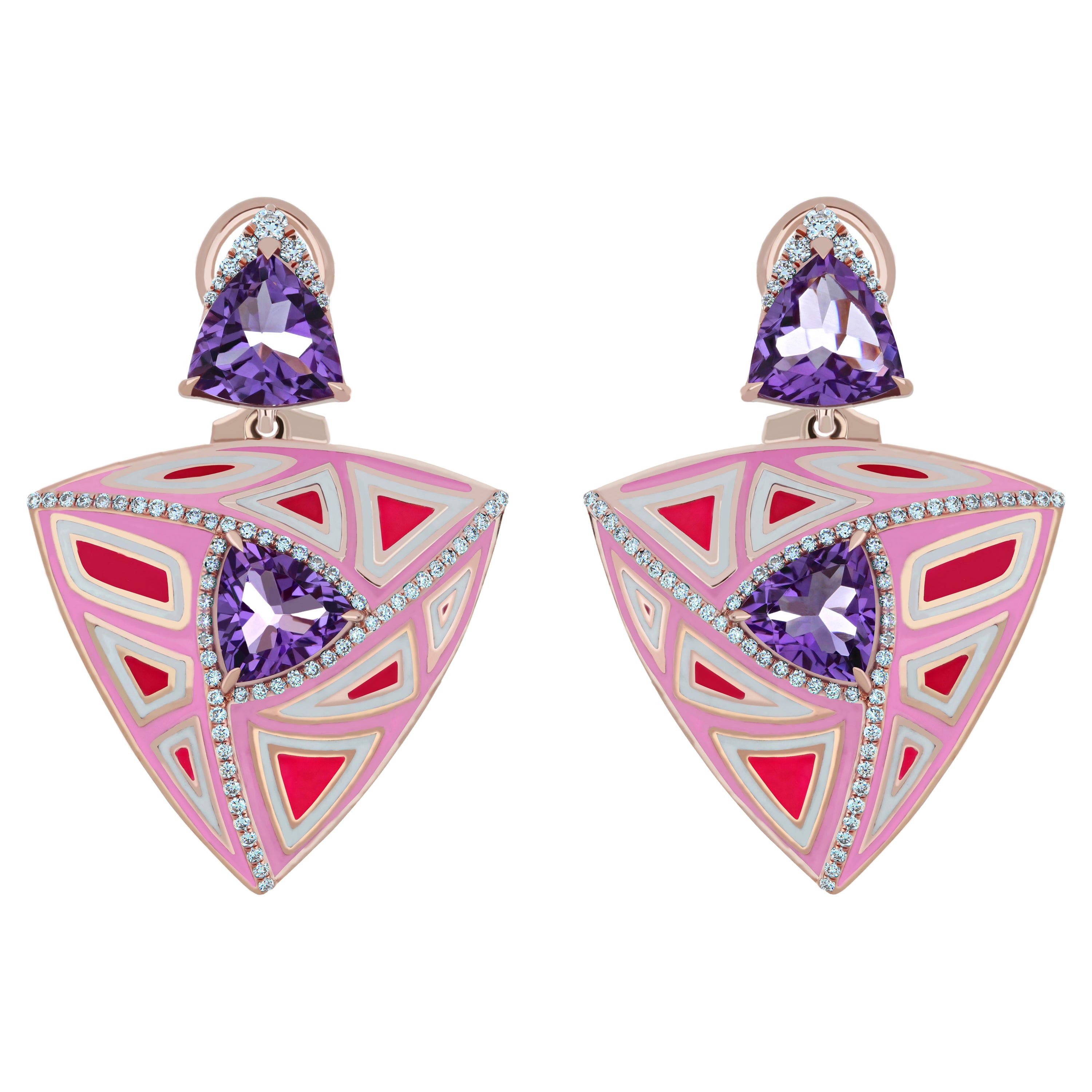 Pink Amethyst and Diamond Enamel Earring in 14K Rose Gold Beautiful Earring For Sale