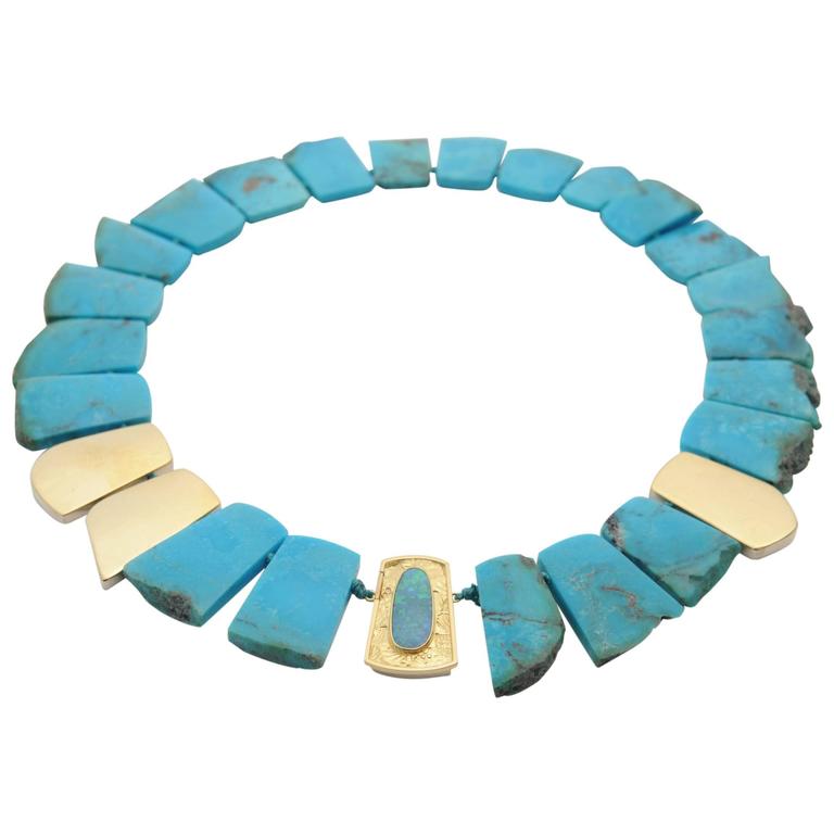 Turquoise and 18kt Gold Necklace with Australian Boulder Opal Clasp For