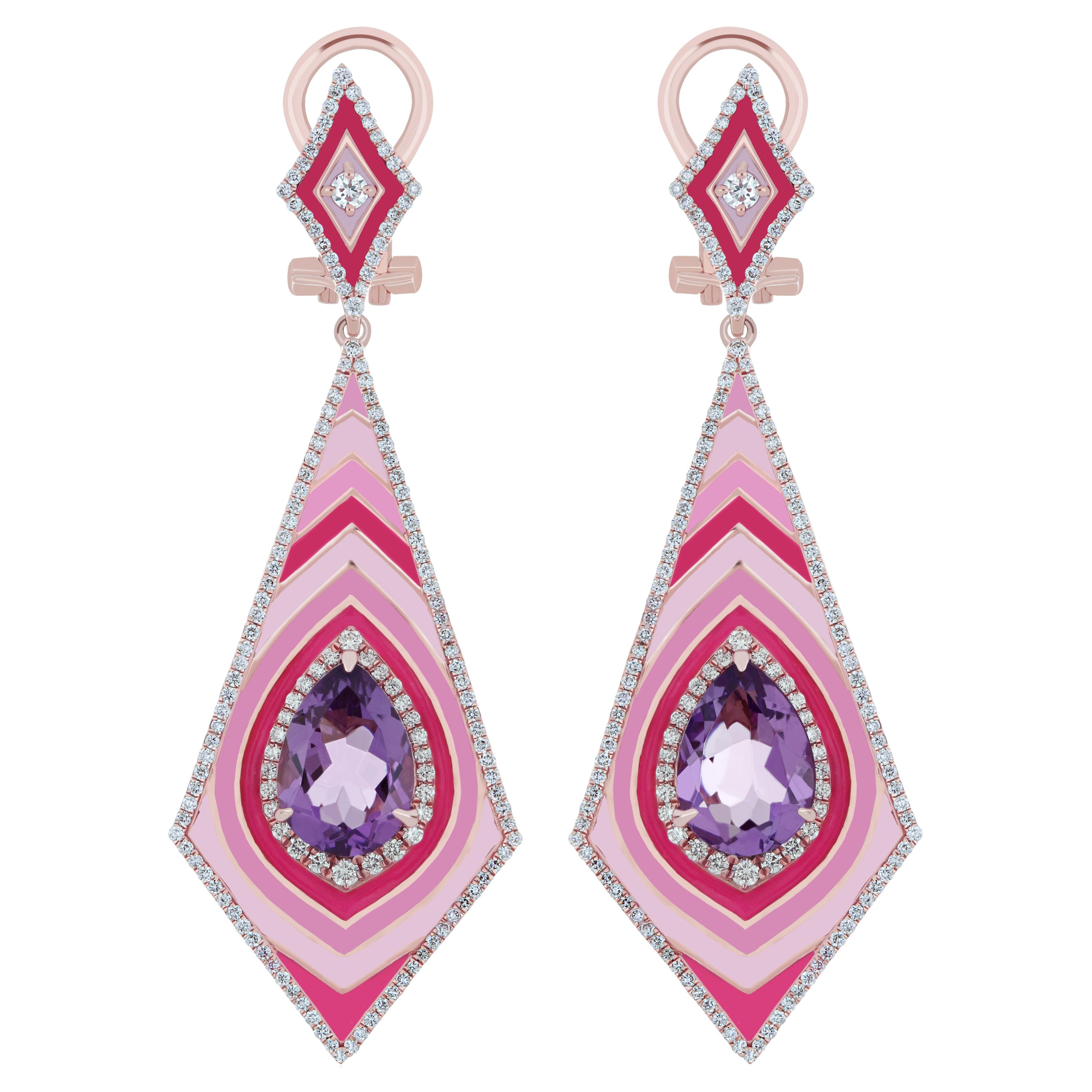 Pink Amethyst & Diamond Studded Enamel Earring in 14k Rose Gold For Sale