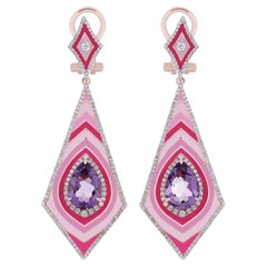 Pink Amethyst & Diamond Studded Enamel Earring in 14k Rose Gold