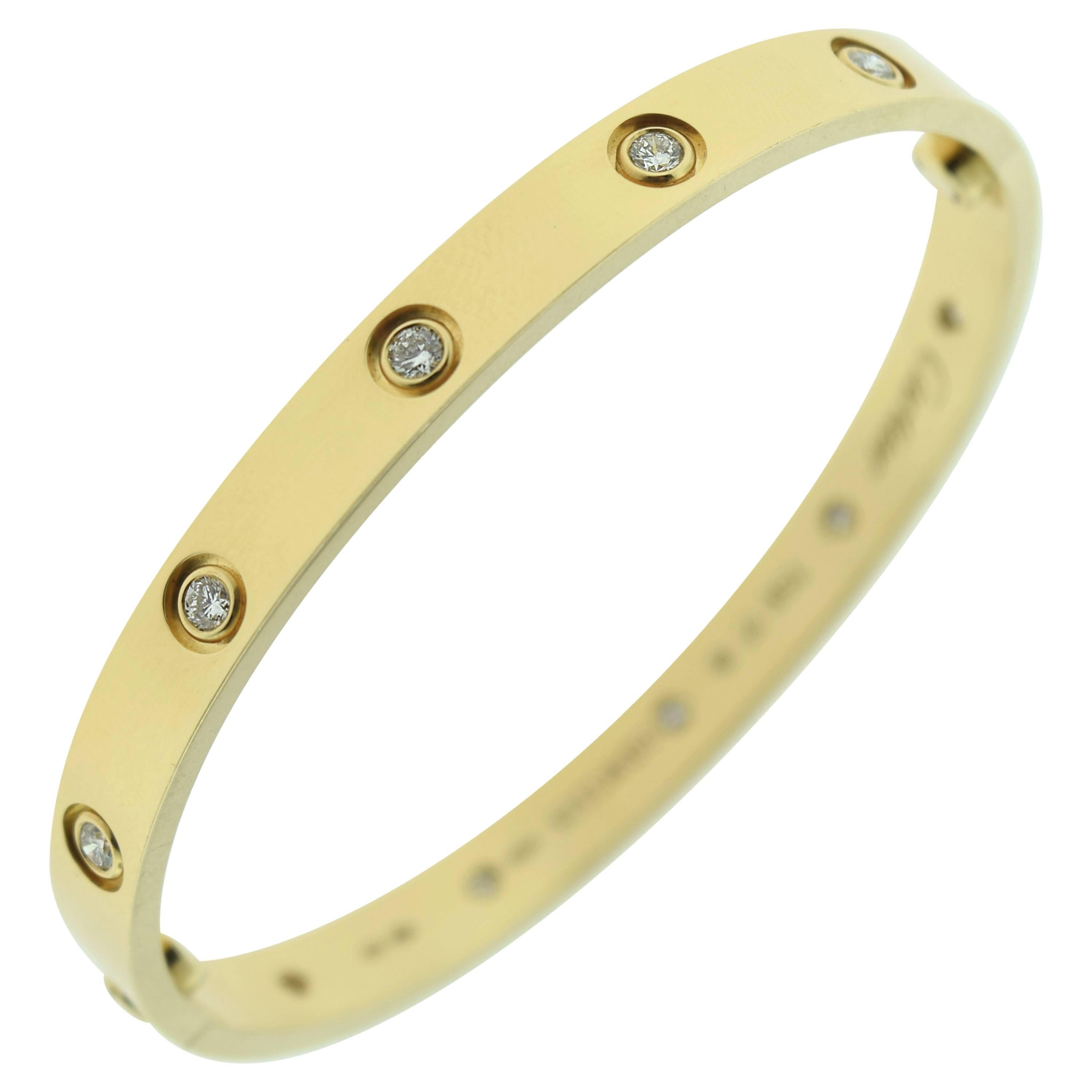 Cartier Yellow Gold Size 17 LOVE Bracelet, 10 Diamonds For Sale