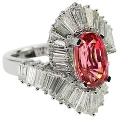 Platinum Ring with Pink Sapphire and Baguette Diamonds