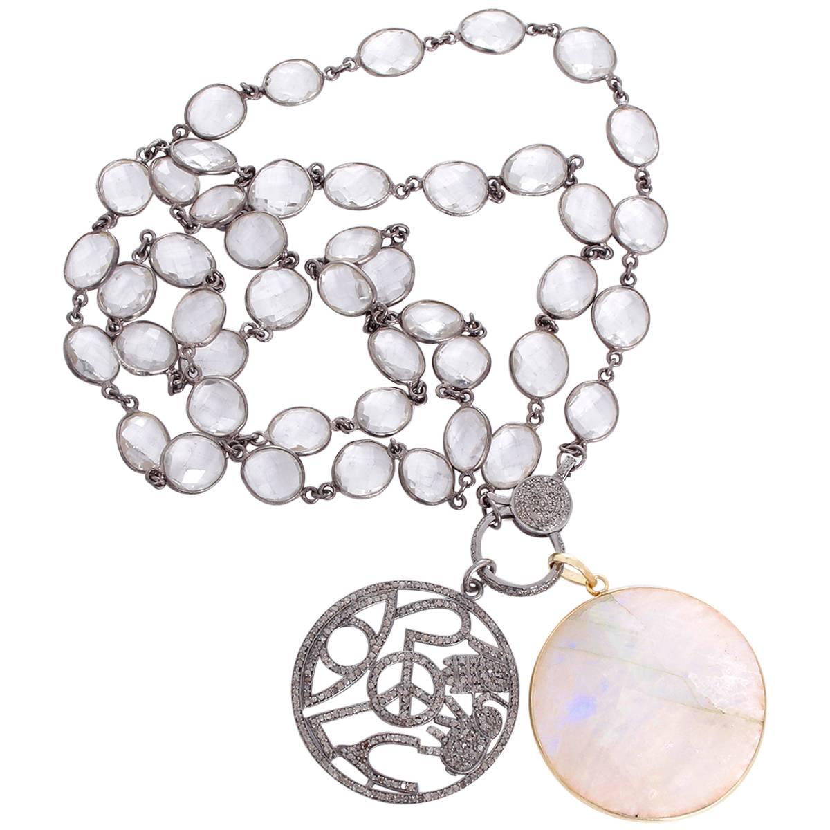 Beautiful Clear Quartz, Diamond, and Moonstone Pendant Necklace