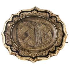 Mid-Victorian 14k Yellow Gold and Black Enamel Mourning Brooch with Woven Hair
