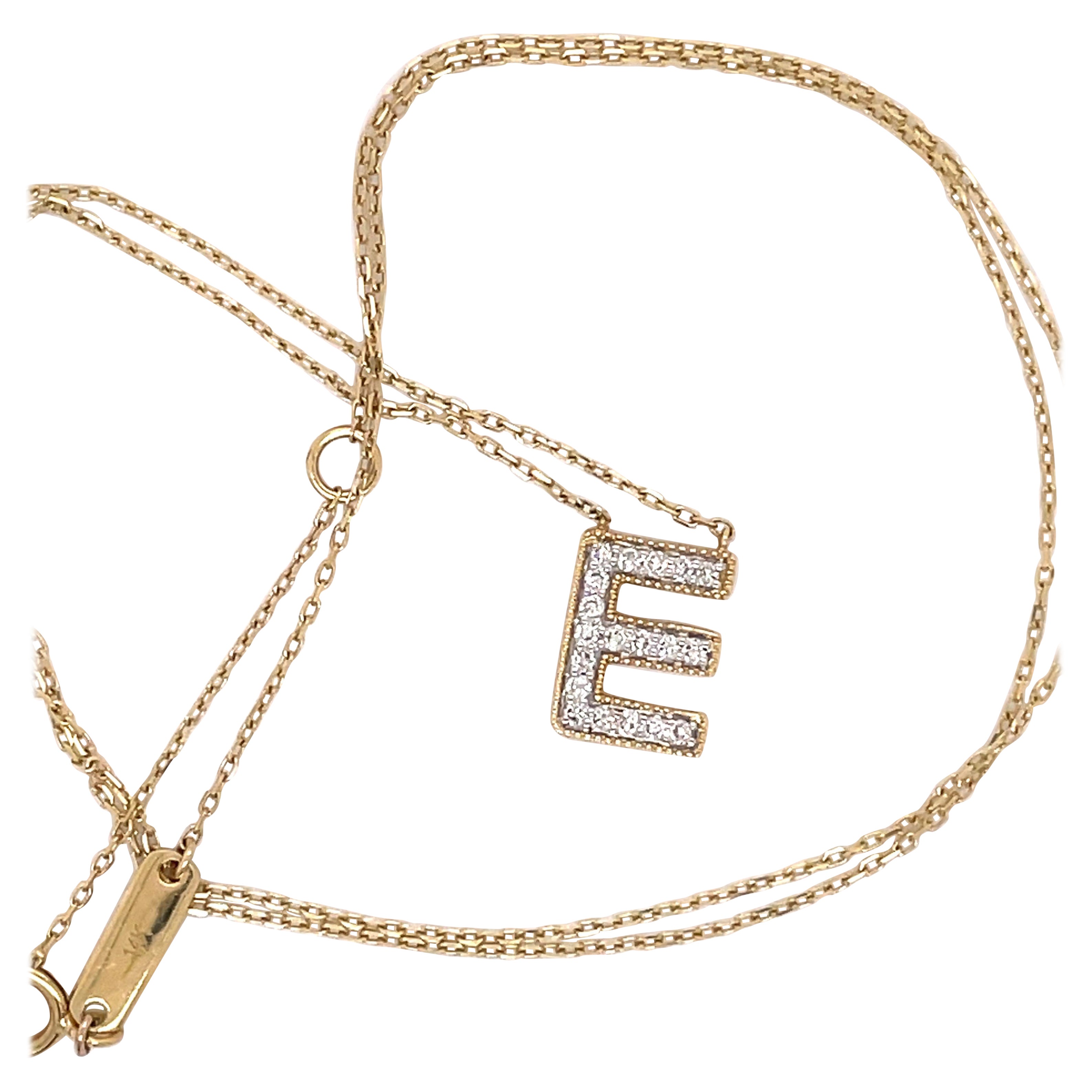E Initials Diamond Necklace, Letter E Pendant, 14K Yellow Gold Women Necklace For Sale