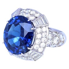 Vintage 14.6 Ct Natural Sapphire Certified Diamond Ring 18K Gold, 1998