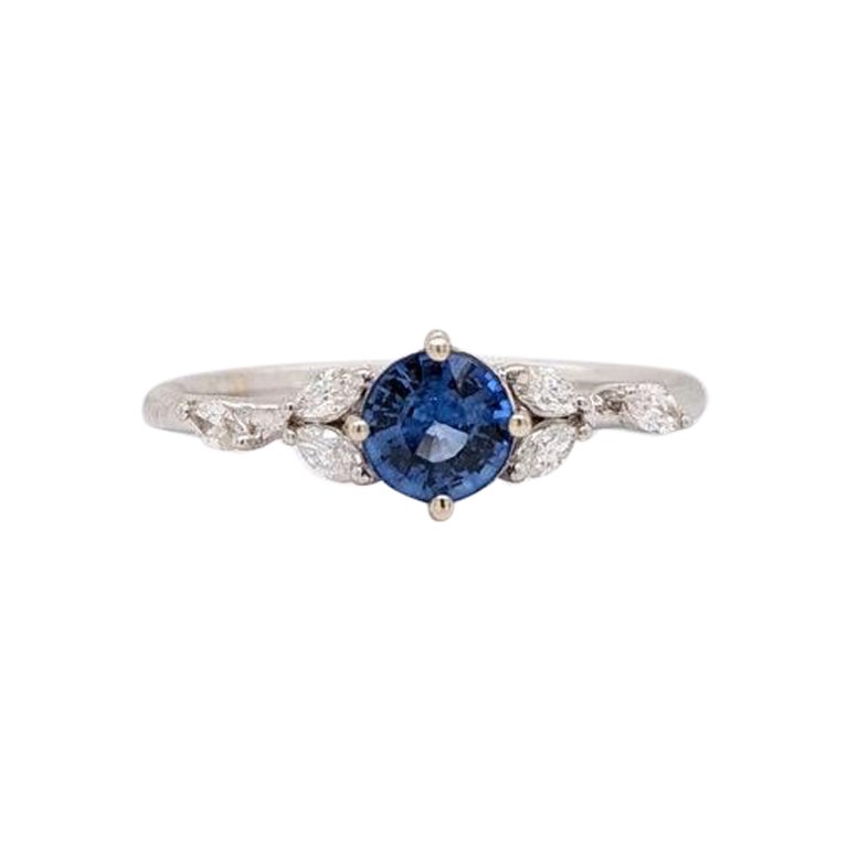 Sapphire Ring w Marquis Diamond Accents in Solid 14K White Gold Round 5mm For Sale