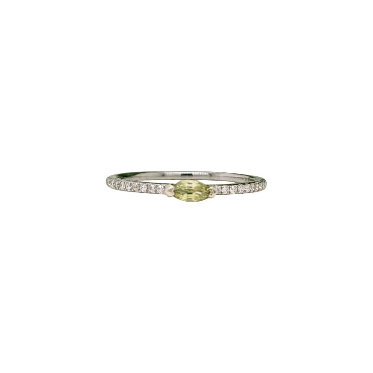 Dainty Green Sapphire Ring with Diamonds in 14k White Gold Marquise Gemstone For Sale