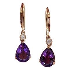 4.58ct Amethyst Drops w Diamond Accents in 14k Solid Yellow Gold Pear 11x8mm