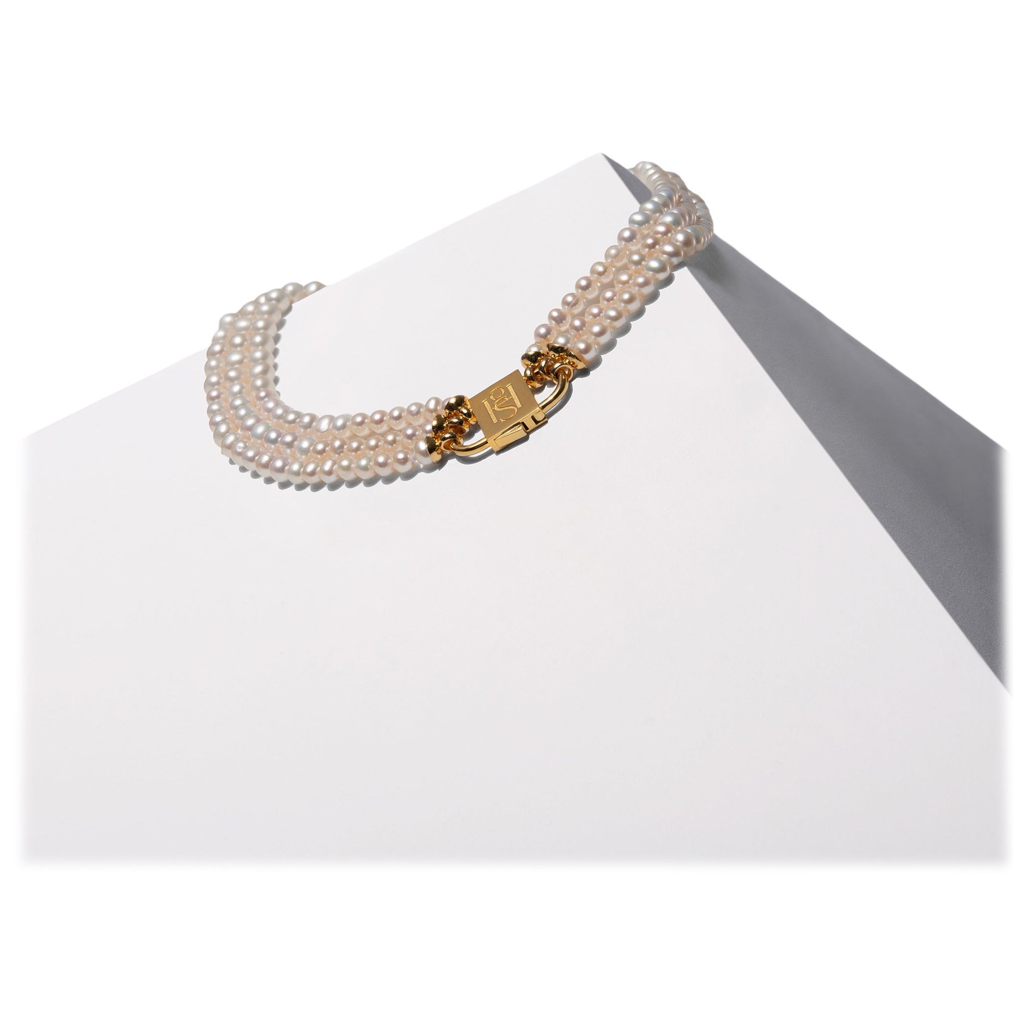 House of Sol Triple String Pearl Necklace with 24K Gold Filled HoS Lock For Sale