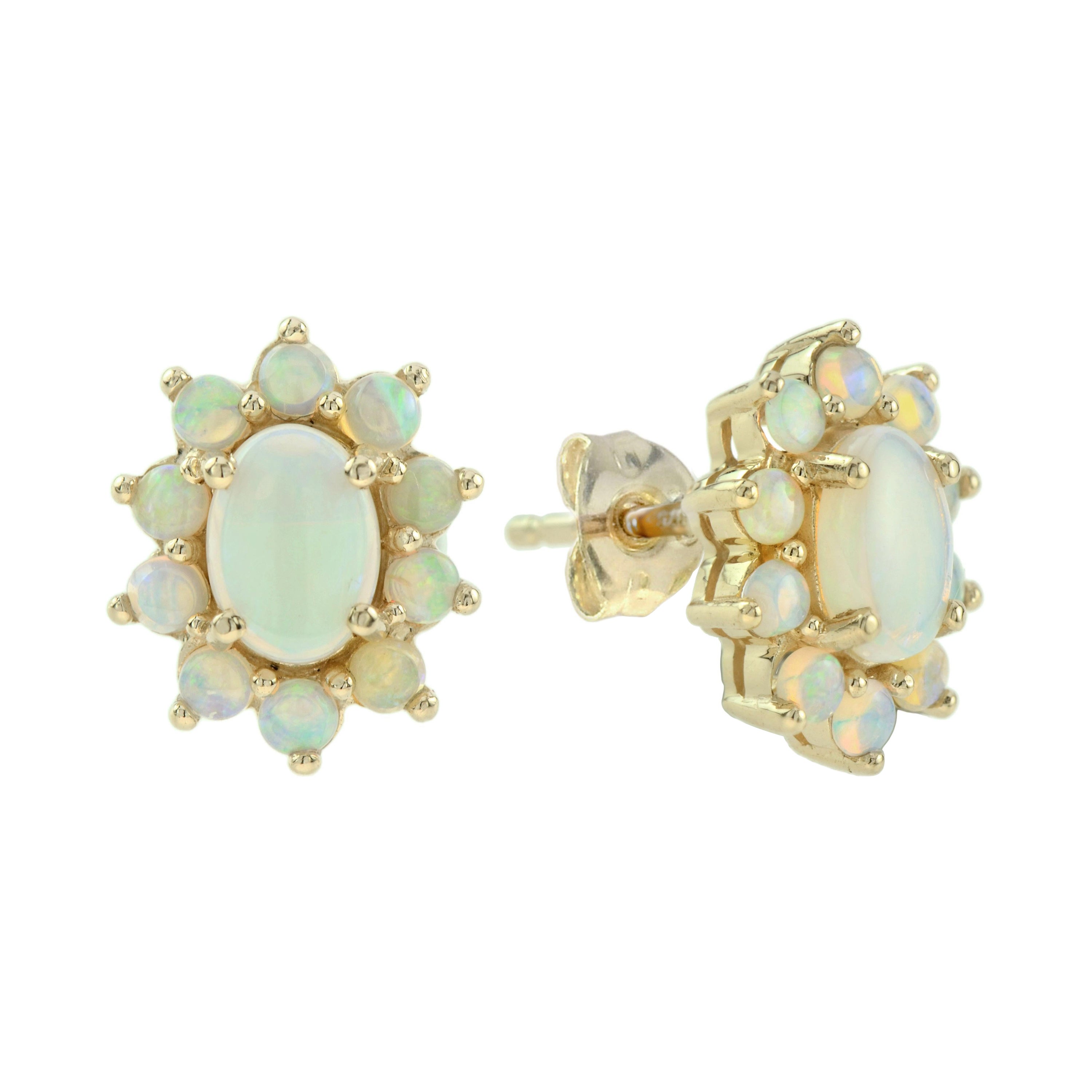Opal Vintage Style Cluster Stud Earrings in 9K Yellow Gold For Sale