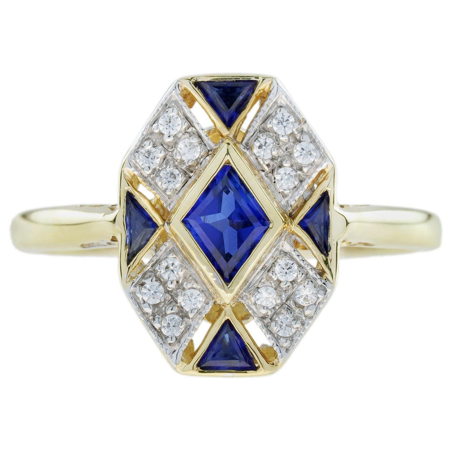 Cluster-Ring aus 14 Karat zweifarbigem Gold mit blauem Saphir und Diamant im Art-déco-Stil