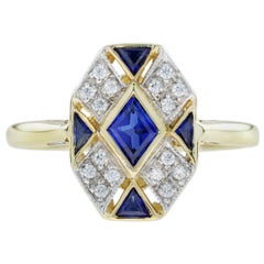 Cluster-Ring aus 14 Karat zweifarbigem Gold mit blauem Saphir und Diamant im Art-déco-Stil