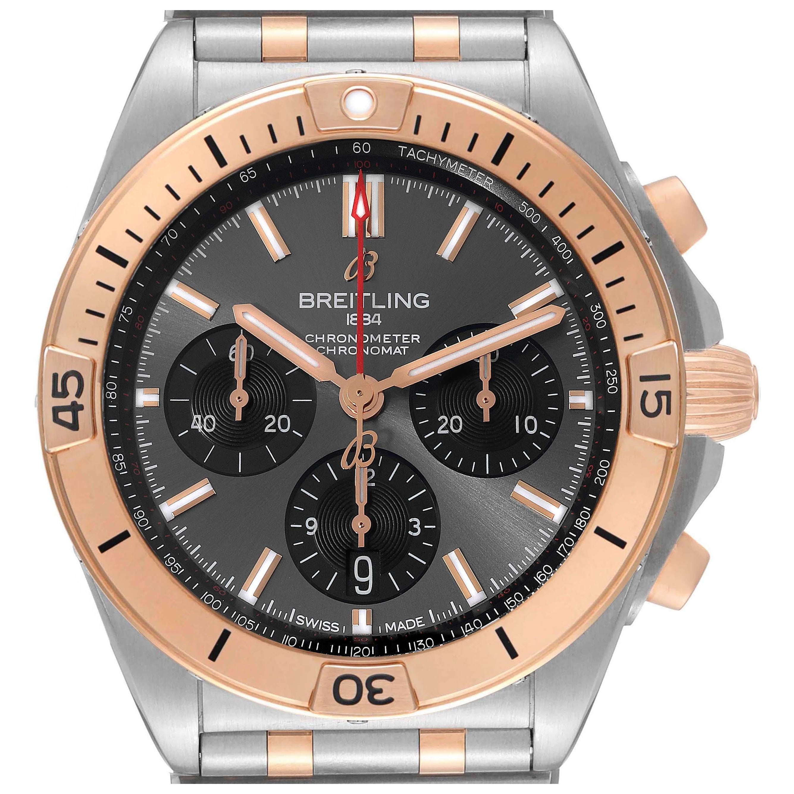 Breitling Chronomat B01 Steel Rose Gold Grey Dial Mens Watch UB0134 Box Card For Sale