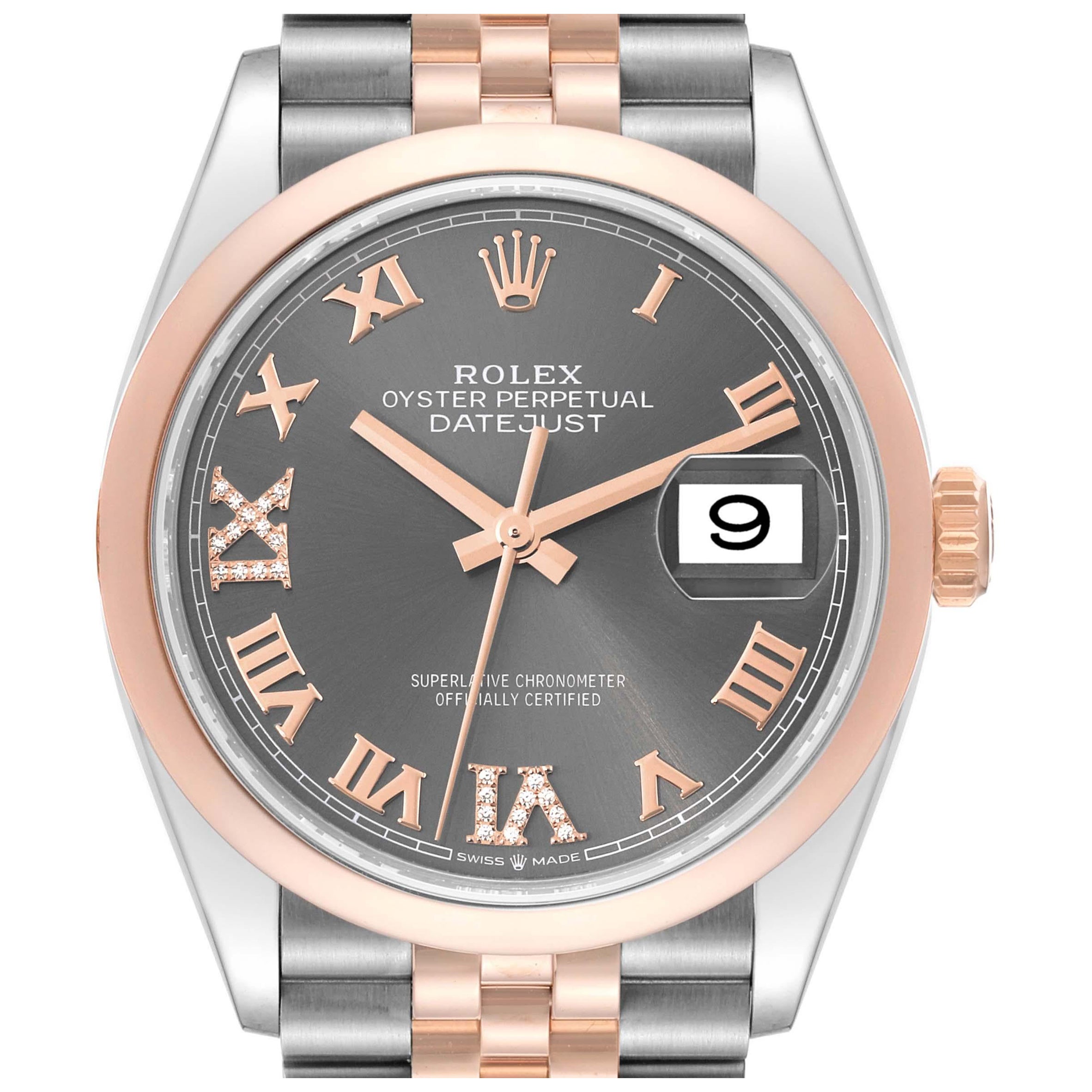 Rolex Datejust 36 Steel Rose Gold Slate Diamond Dial Mens Watch 126201 Box Card