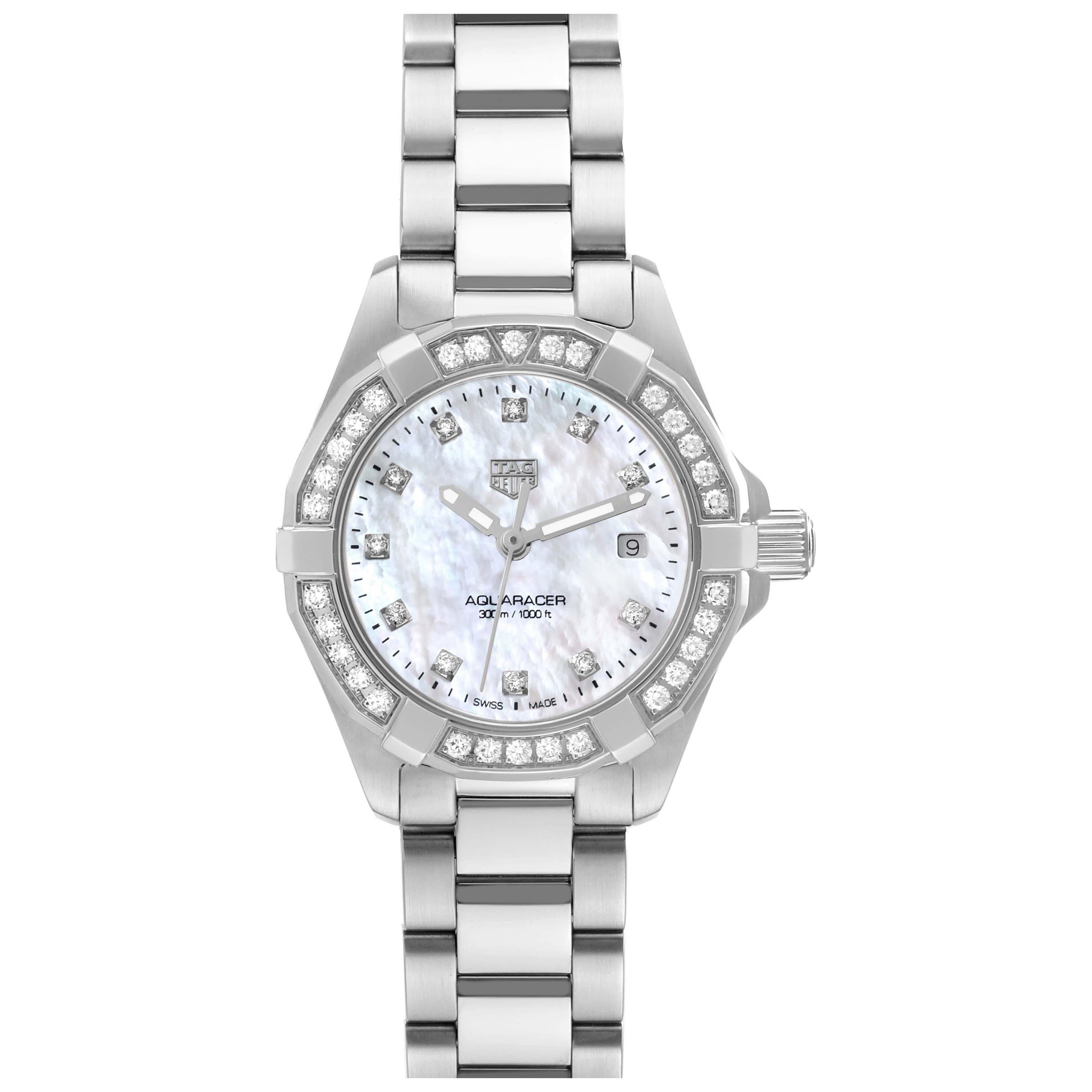 Tag Heuer Aquaracer Mother of Pearl Diamond Steel Ladies Watch WBD1415 Box Card For Sale