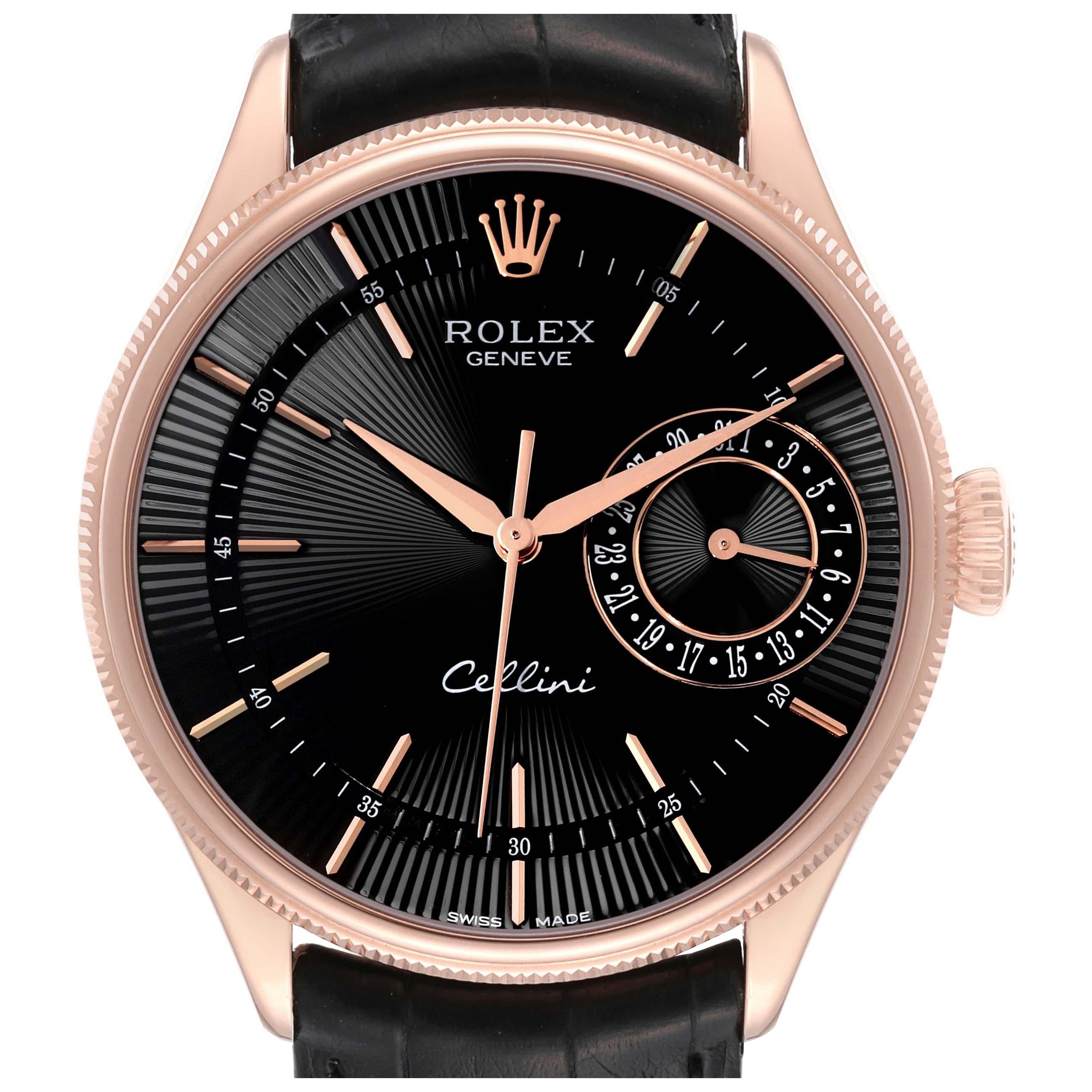 Rolex Cellini Date Black Dial Rose Gold Automatic Mens Watch 50515 Card