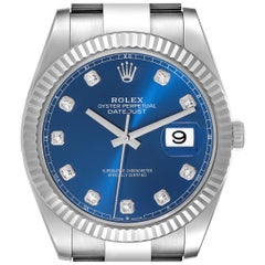 Rolex Datejust 41 Blue Diamond Dial Steel White Gold Mens Watch 126334 Box Card