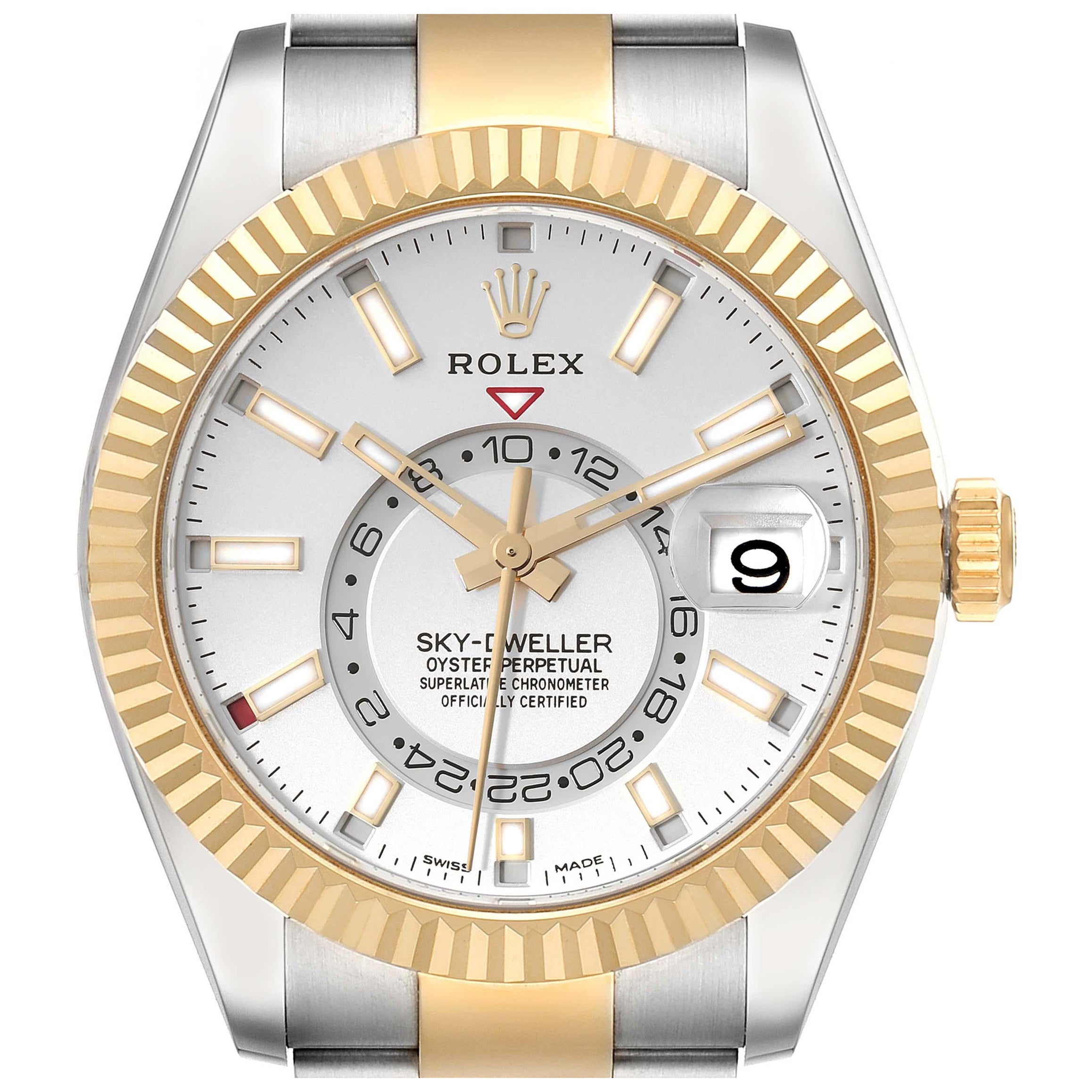 Rolex Sky Dweller Yellow Gold Steel White Dial Mens Watch 326933 Box Card