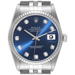 Rolex Datejust Blue Diamond Dial Steel White Gold Mens Watch 16234 Box Papers