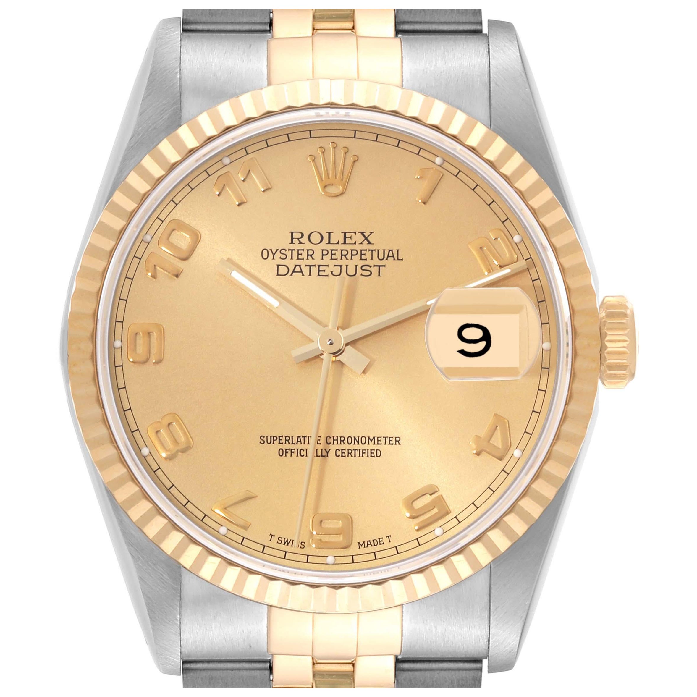Rolex Datejust Steel Yellow Gold Champagne Arabic Dial Watch 16233 Box Papers For Sale
