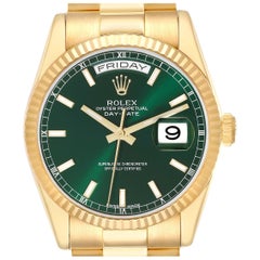 Rolex President Day Date 36mm Yellow Gold Green Dial Mens Watch 118238 Box Card