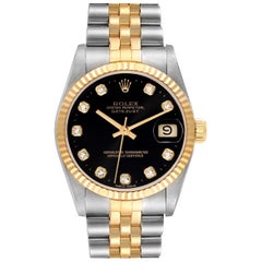 Rolex Datejust Midsize Steel Yellow Gold Black Diamond Watch 68273 Box Papers