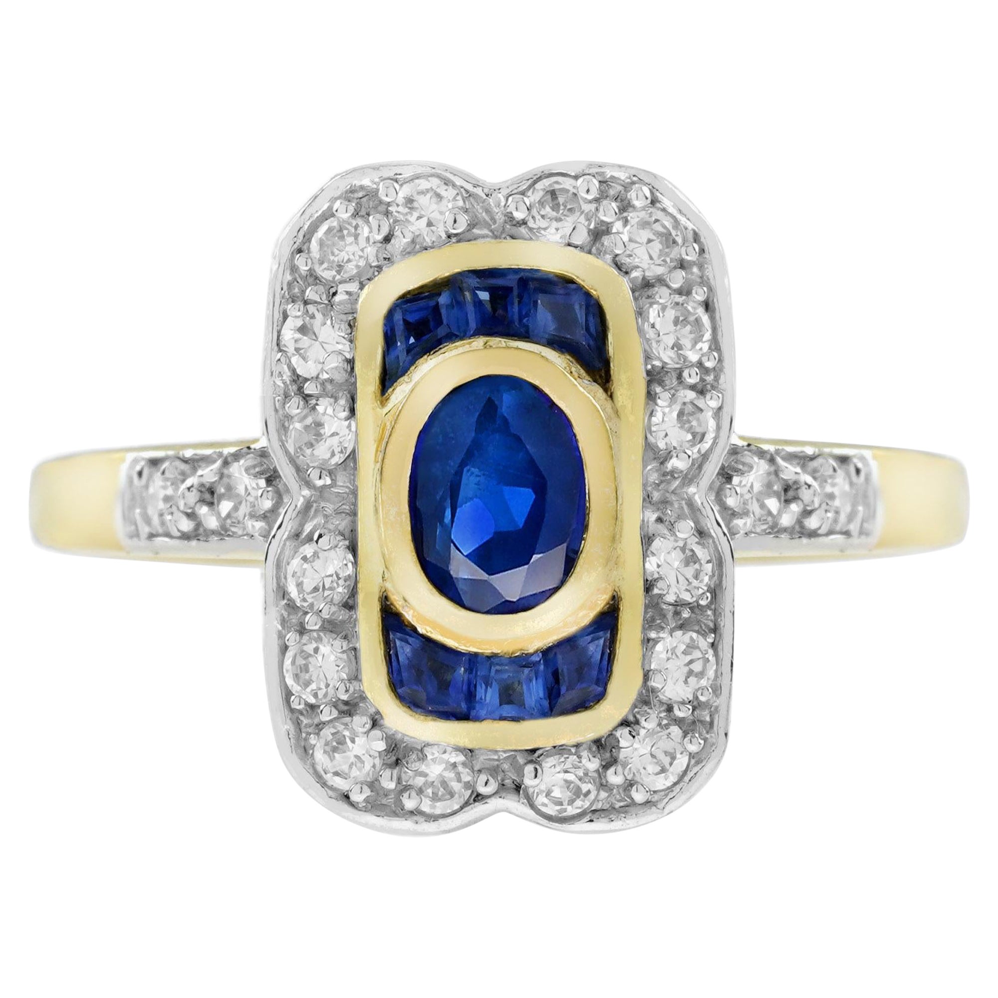 For Sale:  Oval Blue Sapphire and Diamond Art Deco Style Engagement Ring in 14K Gold