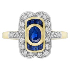 Bague de fiançailles de style Art déco en or 14 carats, saphir bleu ovale et diamant