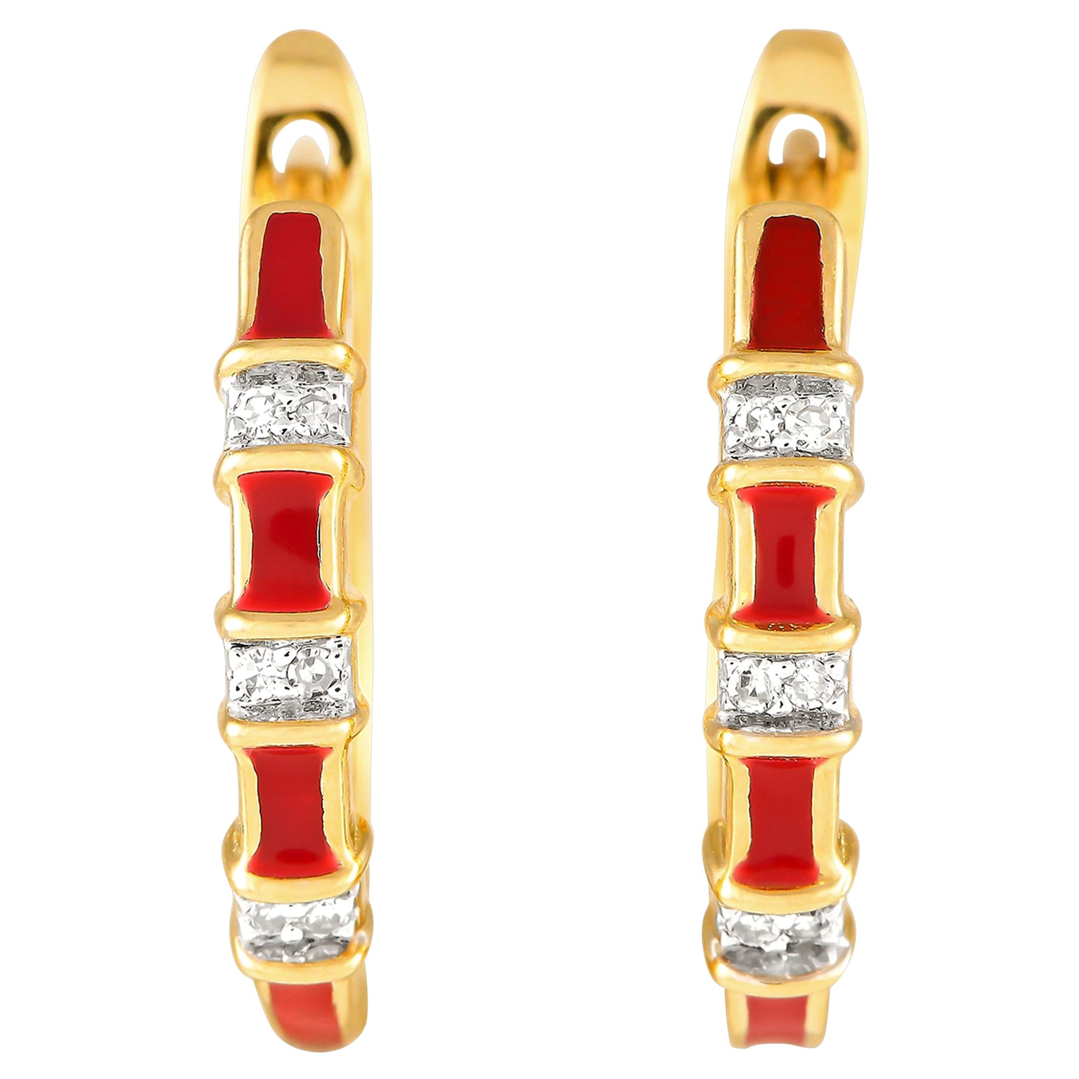 LB Exclusive 14K Yellow Gold 0.05ct Diamond and Red Enamel Earrings ER28196 For Sale