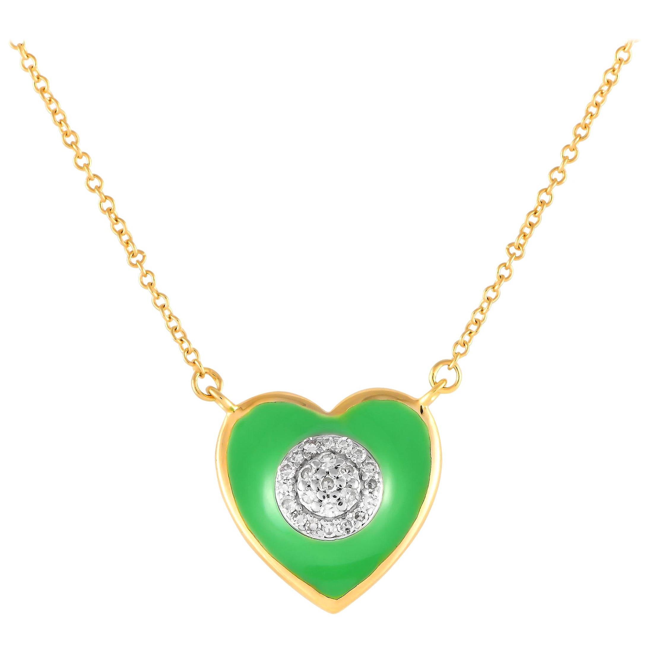 LB Exclusive 14K Yellow Gold Diamond & Green Enamel Heart Necklace PN15066 For Sale