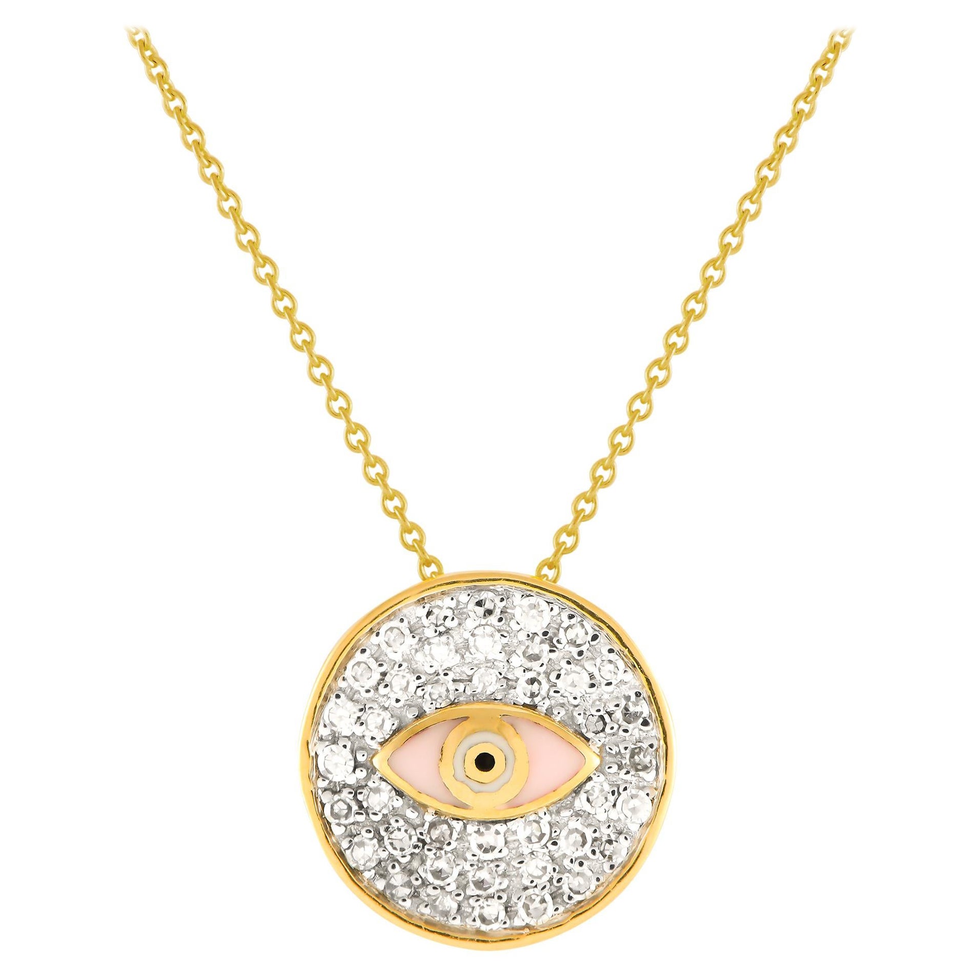 LB Exclusive 14K Yellow Gold 0.20ct Diamond Pink Evil Eye Necklace PN15061 For Sale