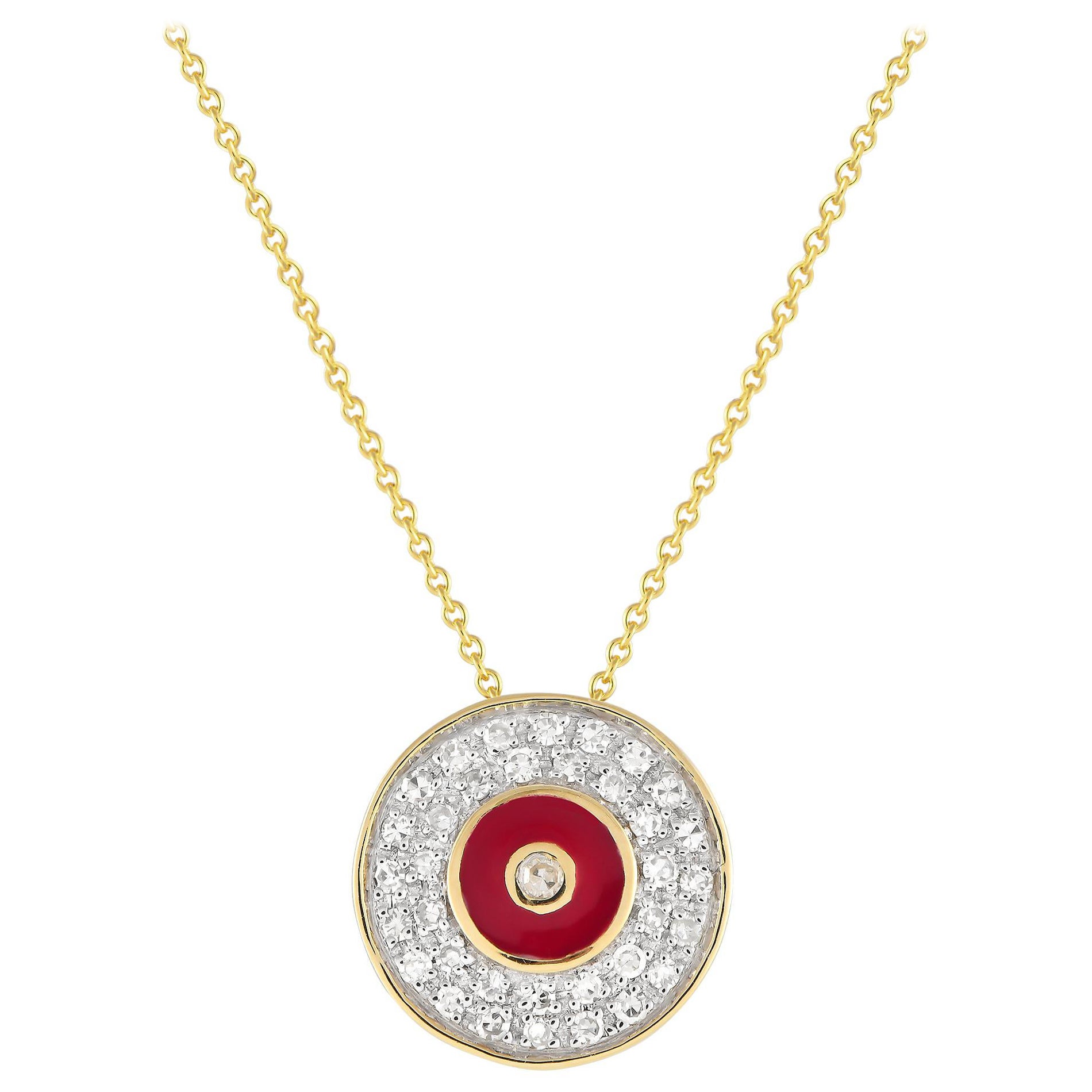 LB Exclusive 14K Yellow Gold 0.20ct Diamond Red Disk Necklace P15060 For Sale