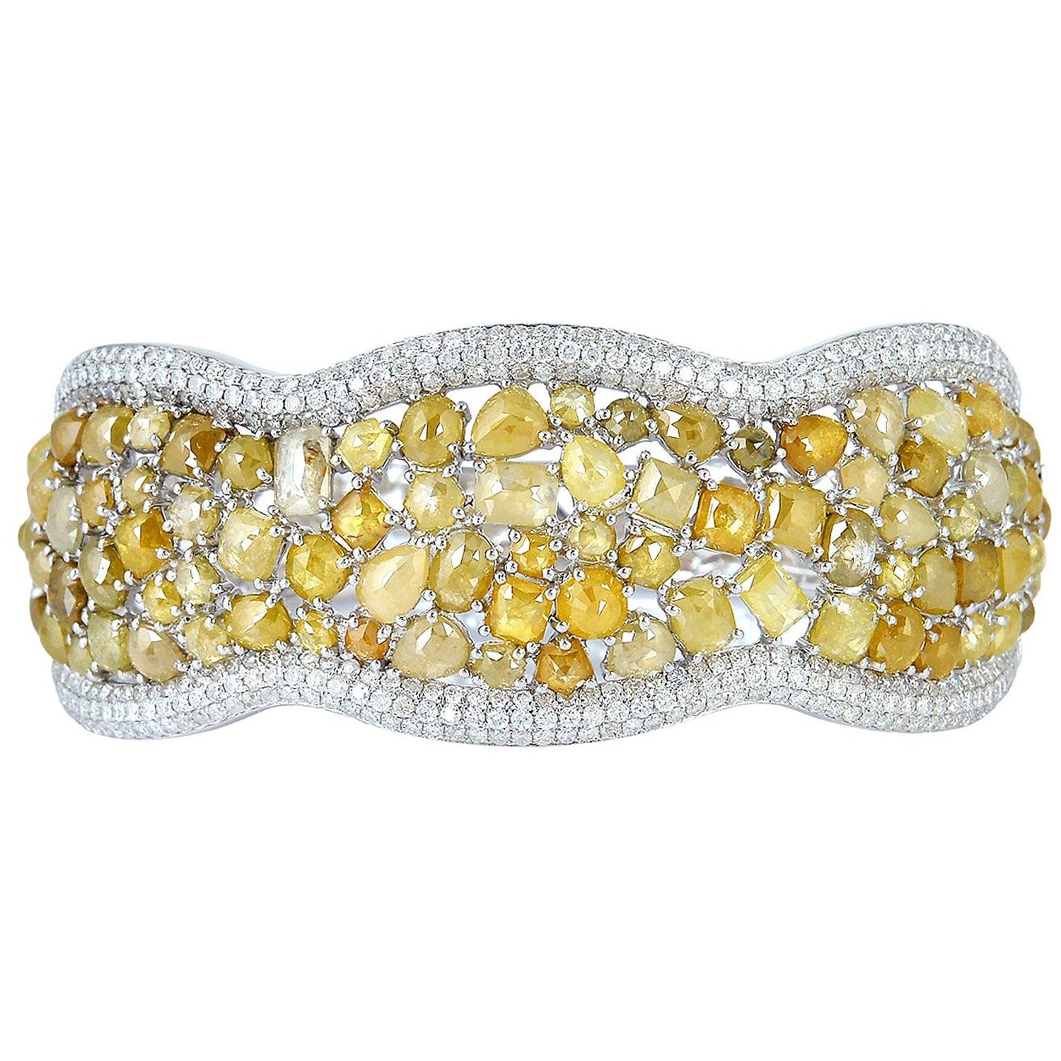 24.83ct Yellow Ice Diamond and White Diamond Bangle Set Made in 18K White Gold For Sale