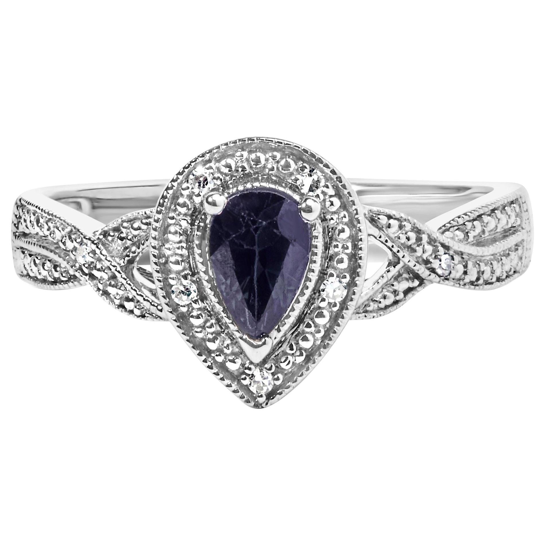 Sterling Silver Pear Sapphire Gemstone with Diamond Accent Fashion Halo Ring