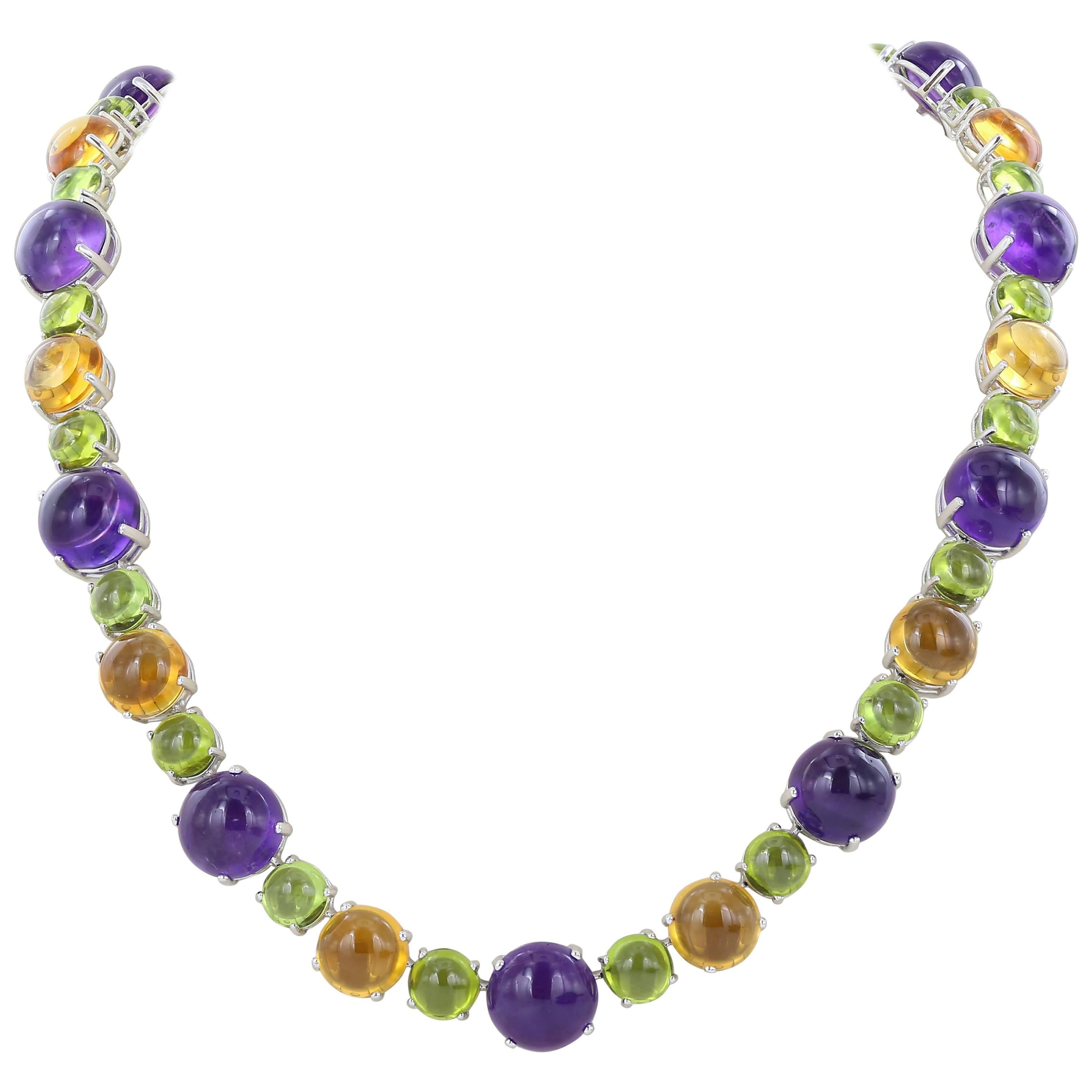 Citrine, Amethyst and Peridot Cabochon Necklace For Sale