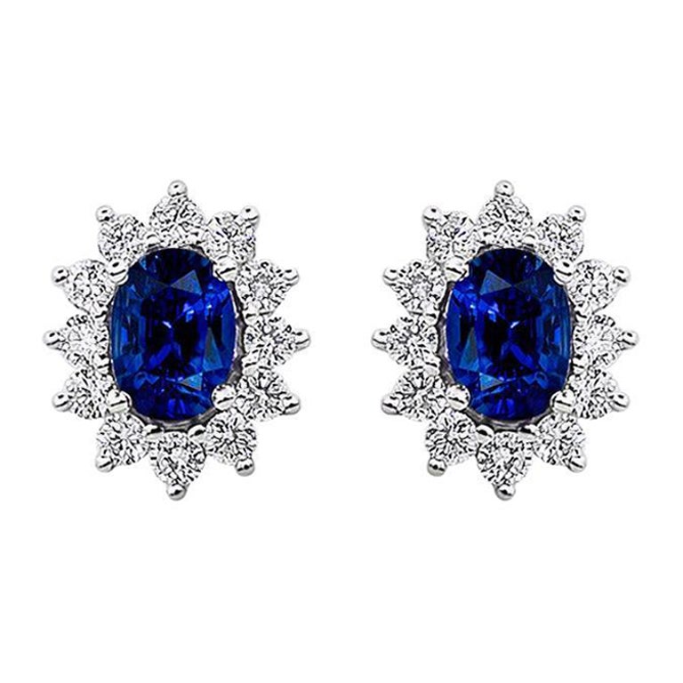 Roman Malakov 1.53 Carats Total Oval Cut Blue Sapphire & Diamonds Stud Earrings For Sale