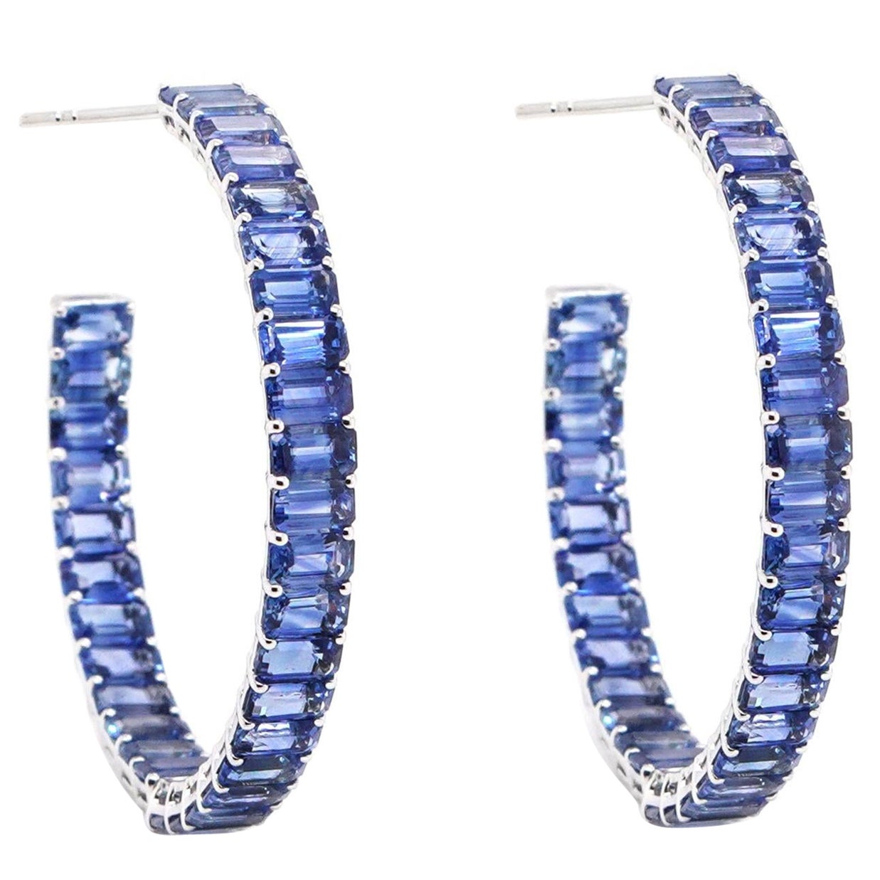 BENJAMIN FINE JEWELRY 22.56 cts Octagon Blue Sapphire 18K Eternity Hoops For Sale