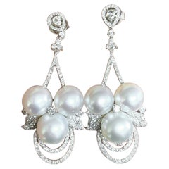 NWT $18, 000 Or 18KT Rare Lrg South Sea Pearl Gorgeous Diamond Dangle Earrings