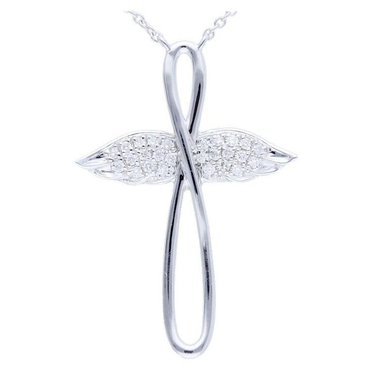 0.1 Carat Diamonds in 14K White Gold  Butterfly Cross Necklace For Sale