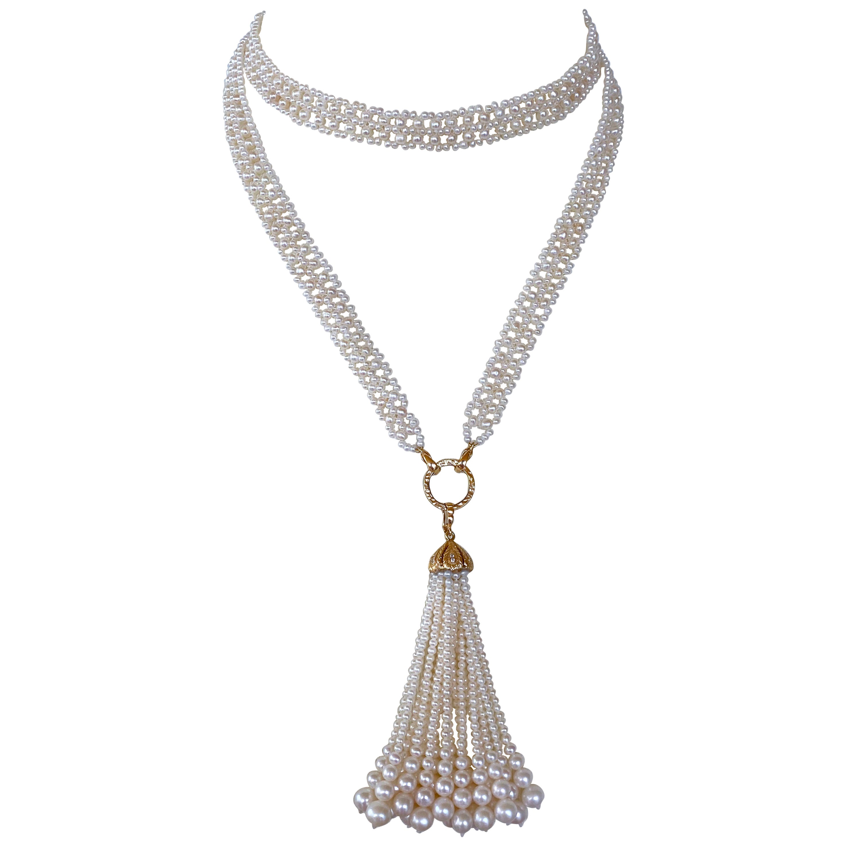 Marina J. Lace Woven Pearl Sautoir with Diamond & Solid 14k Yellow Gold Tassel For Sale
