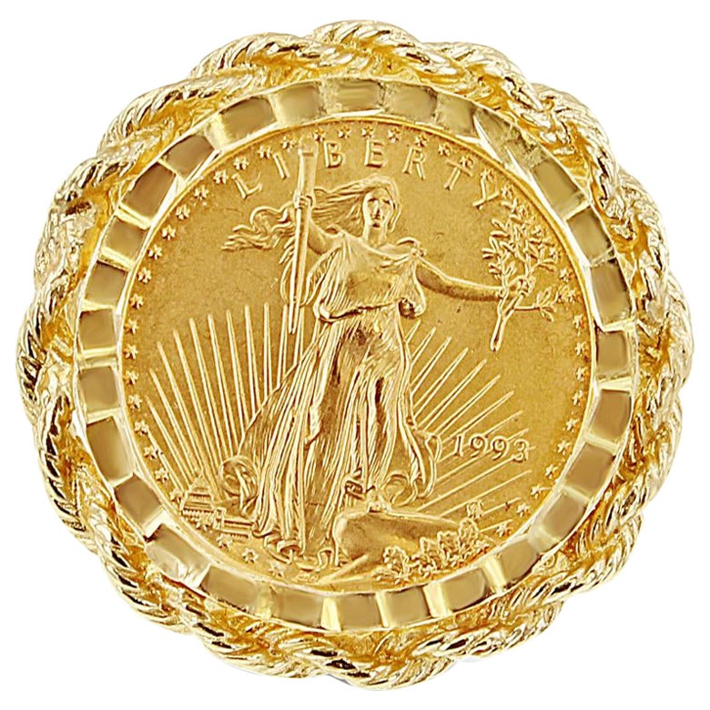 Lady Liberty Coin Ring w/ Diamond Cut & Rope Bezel 14k Yellow Gold For Sale