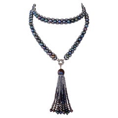 Marina J. Black & Grey Pearl Sautoir with Solid 14k White Gold Removable Tassel